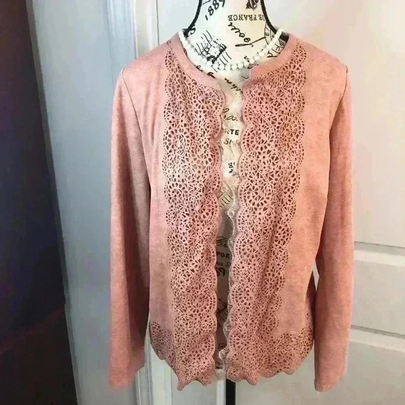 Chicos size 0 4/6 Peach Open Front Laser Cut BlazerMicrofiber with Lace Trim - Picture 1 of 5
